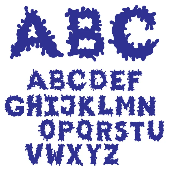 BLOB inkt lettertype gevuld. Hand getrokken schets lettertype. Blauwe alfabet set. EPS-8 — Stockvector