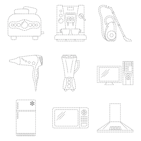 Otthoni készülék Line Art Icon Set szaggatott — Stock Vector