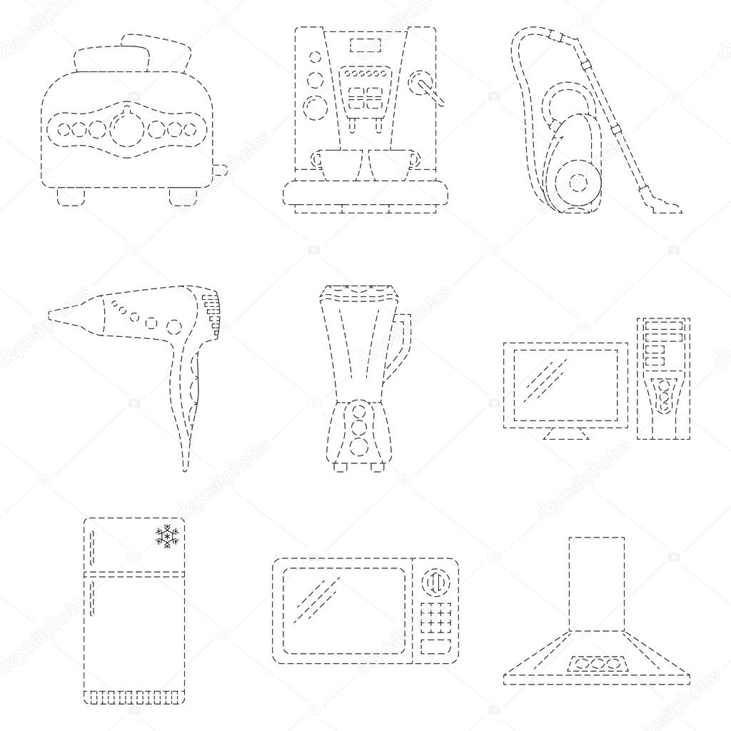 Home Appliance Line Art Icon Set Dashed