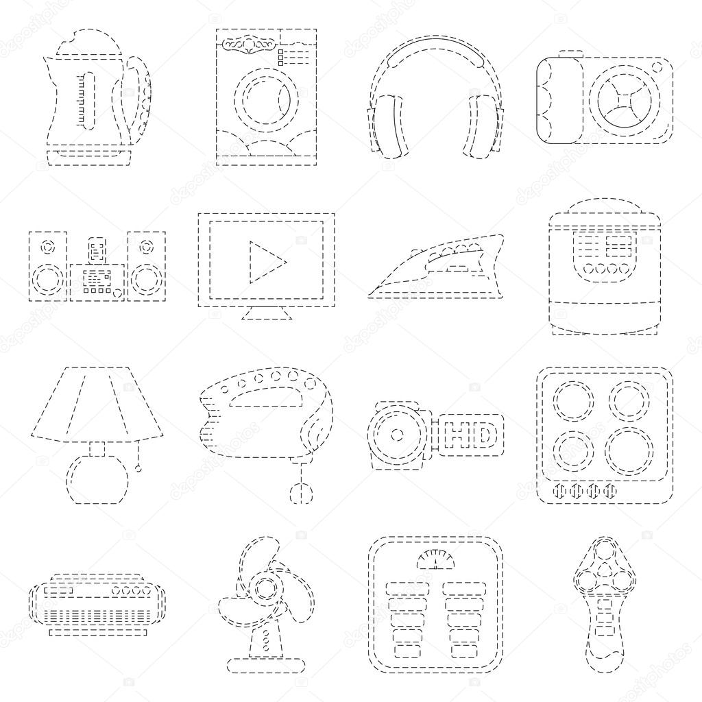 Home Appliance Line Art Icon Set Dashed