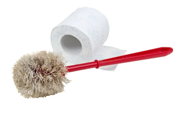 kullanılan plastik kırmızı tuvalet fırçası ve beyaz arka plan üzerinde izole kağıt 