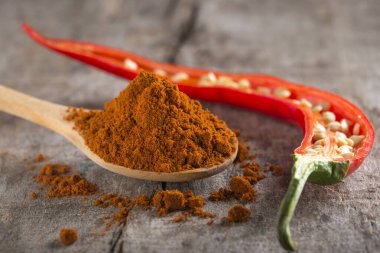 Tahta kaşıkla baharat Kırmızı Pul Biber