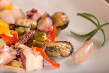 bir mürekkep balığı, ton balığı filetosu, midye et ile deniz ürünleri salatası