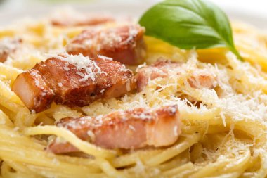 Rendelenmiş parmesan ve fesleğenli geleneksel İtalyan makarnası.