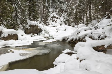 Sersemletici kış manzarası, kış nehri üzerindeki taşlar karı ve küçük şelaleyi kapladı, Avrupa seyahati, Karpatya, Romanya