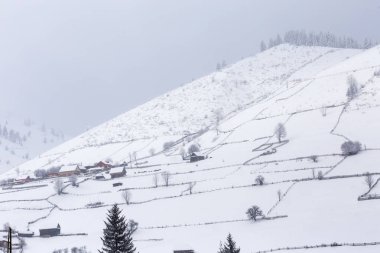 Romanya 'nın Karpatlar kentindeki bir dağ köyündeki eski ahşap ev