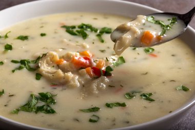 Rumen geleneksel çorbasıyla kaşığı kapat - Ciorba de Burta beyaz kasede