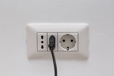 Beyaz duvardaki üç prizden oluşan modüler soket.