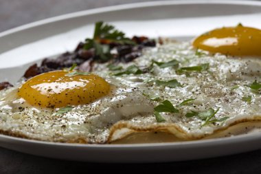 Biber ve maydanoz yapraklı pastırma ve yumurta. Yakın görüş.