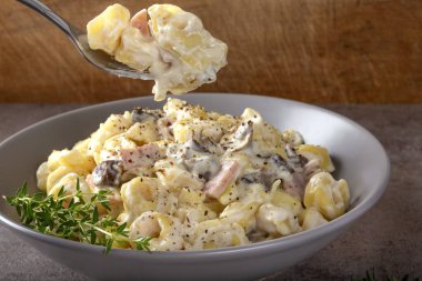 Mantarlı Ravioli ve krema ve peynir soslu jambon. İtalyan mutfağı.