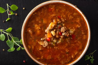 Doğu Avrupa geleneksel çorbası ya da et ve sebzelerden yapılan koyu bir levha - üst görünüm