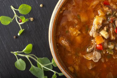 Doğu Avrupa geleneksel çorbası ya da et ve sebzelerden yapılan koyu bir levha - üst görünüm