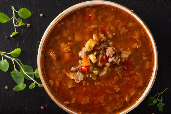 Doğu Avrupa geleneksel çorbası ya da et ve sebzelerden yapılan koyu bir levha - üst görünüm