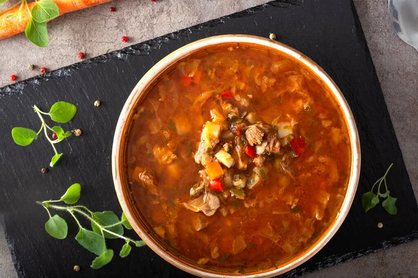 Doğu Avrupa geleneksel çorbası ya da et ve sebzelerden yapılan koyu bir levha - üst görünüm