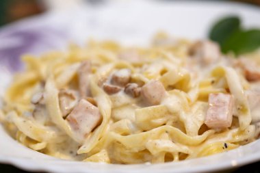 Tabağında krema, et ve mantar olan Tagliatelle makarnası.
