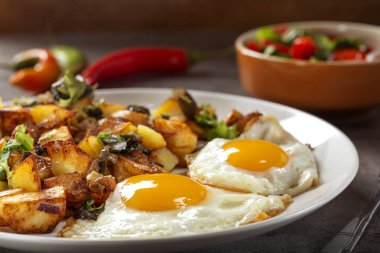 Two eggs with fried potatoes and salad on a plate