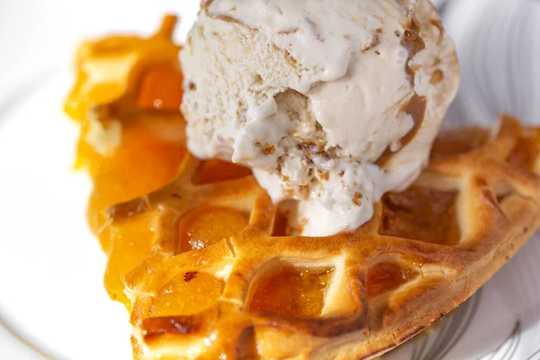 Tabağında meyveli kurabiye olan dondurma. Yakın çekim.