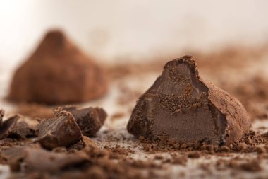 Tahta üzerinde kakao tozu olan çikolatalı trüf mantarını kapat. Yakın görüş.