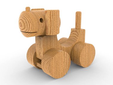Geometrik blokları ve beyaz arka planda pürüzsüz silindirik tekerlekleri olan Rustik ahşap köpek oyuncağı - 3D görüntüleme