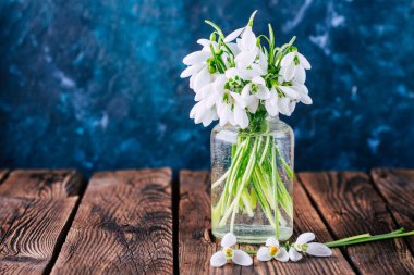 Cam vazoda kar damlaları. İlk bahar çiçekleri