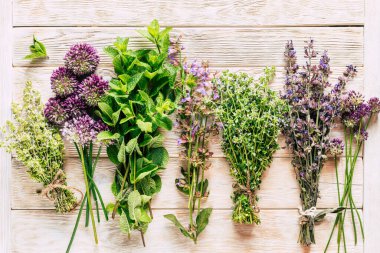 Şifalı bitkiler hasat et. Beyaz ahşap arka planda baharatlı otları iyileştiriyor. Alternatif tıp. Ayurveda. Yüksek kalite fotoğraf