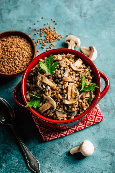 stock image Buckwheat porridge with mushrooms. Vegan food