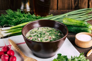 Kvass ve salatalıklı soğuk Rus çorbası. Okroshka