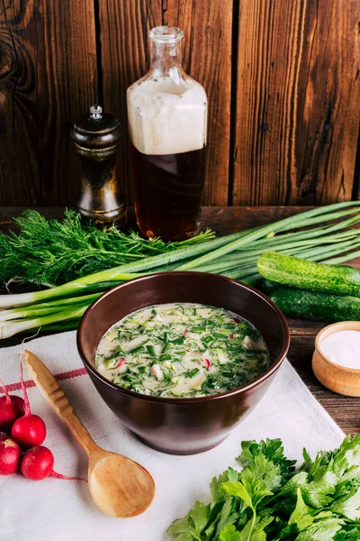 Russian cold soup with kvass and cucumbers. Okroshka — Stock Photo, Image