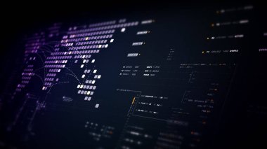 Veri, grafik ve kontrol panellerini gösteren yazılımla koyu dijital arayüz.