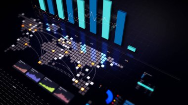 Karmaşık grafikler, veri akışları ve holografik bilgileri gösteren gelecekçi mavi dijital gösterge paneli. 