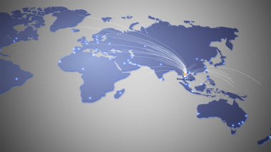 Birçok küresel merkezden yayılan birçok çizgileri olan dijital harita. Bangkok 'a gidiyorum. 