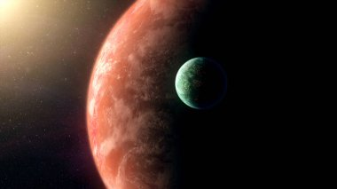 Karanlık uzayda dönen iki gezegen.