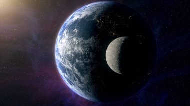 Dünya ve ay yıldızlarla uzayda