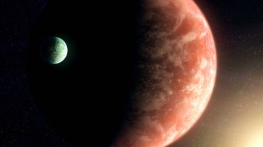 Uzayda parlayan atmosferi olan iki gezegen.