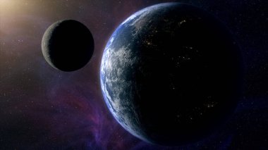 Uzayda koyu arkaplanı olan iki gezegen