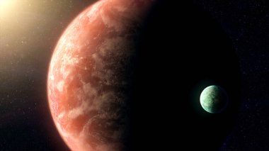 Uzayda renkli yüzeyli iki gezegen