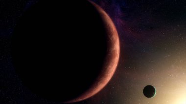 Renkli kozmik uzayda yörüngede dönen iki gezegen