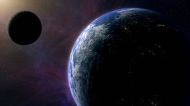 Renkli galaksinin yörüngesinde dönen iki gezegen.