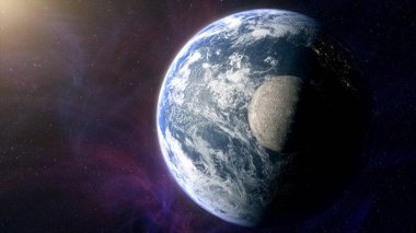 Dünya ve ay yıldızlarla uzayda