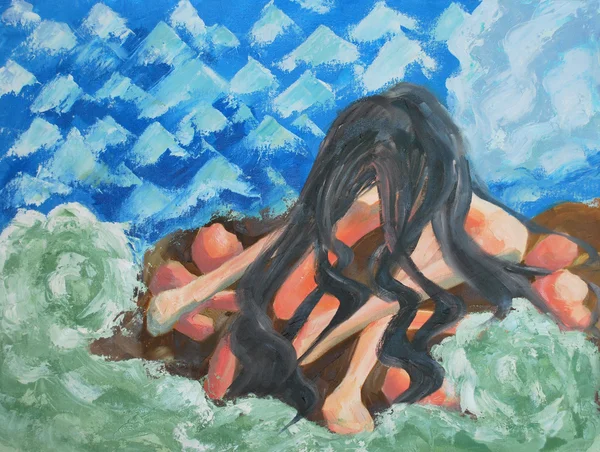 Yağlıboya Resim sanat kavramına yalnız kız okyanus duygu ifade 