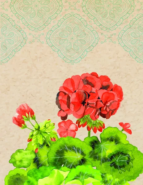 Ilustração aquarela de flores de gerânio vermelho, design de cartão de convite em branco — Fotografia de Stock