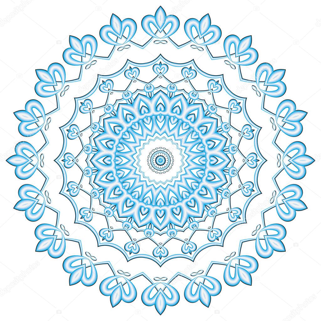 Snowflake pattern. Round floral blue mandala on white background. Patterned vector backdrop. Elegance decorative beautiful ornaments. Abstract flower. Ornate design for prints, cards, fabric.