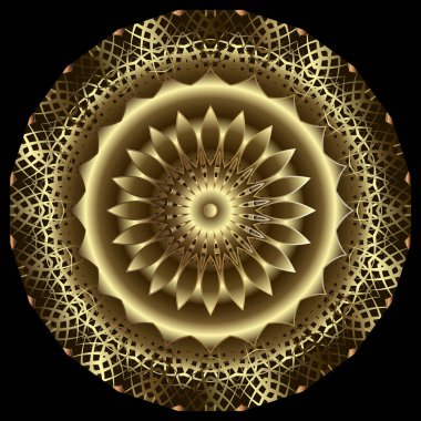 Altın çiçek. Yuvarlak yüzey 3D mandala deseni. Süslü Deco arka planı. Dokulu altın çiçekli süsler. Lüks grunge fon. Daireleri, çiçekleri, ızgaraları, çizgileri olan güzel dantelli vektör tasarımı.