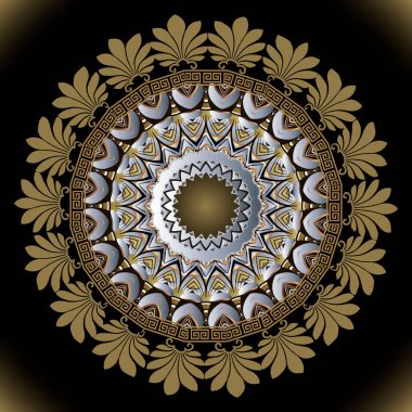 Altın çiçek. Yuvarlak Yunan tarzı mandala deseni. Parlak dekoratif arka plan. Altın desenli çiçek süsü. Yunanca anahtar, dolambaçlı, daireler, çiçekler, çerçeve ile güzel süslemeli vektör tasarımı.