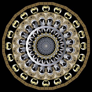 Altın çiçek. Yuvarlak Yunan tarzı mandala deseni. Parlak dekoratif arka plan. Altın desenli çiçek süsü. Yunanca anahtar, dolambaçlı, daireler, çiçekler, çerçeve ile güzel süslemeli vektör tasarımı.