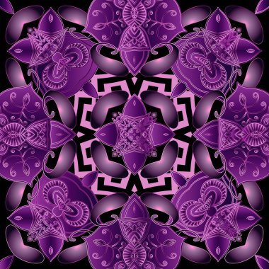 Hint etnik tarzı kusursuz bir model. Lüks süs çiçekli bir geçmişi var. Kabile dekoratif arka planı. Modern, güzel bir süs. Mor desenli desenli çiçekler, yapraklar, çizgiler, şekiller..