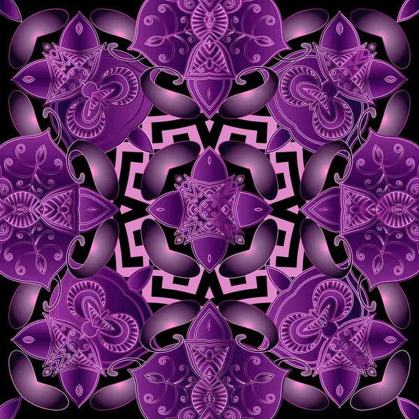 Hint etnik tarzı kusursuz bir model. Lüks süs çiçekli bir geçmişi var. Kabile dekoratif arka planı. Modern, güzel bir süs. Mor desenli desenli çiçekler, yapraklar, çizgiler, şekiller..
