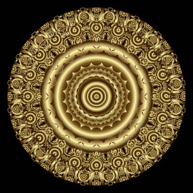 Altın yuvarlak yüzey mandala deseni. Süslü vektör arkaplanı. Dokulu altın çiçekli süsler. Lüks grunge fon. Çemberler, çiçekler, çerçeve ve kenarlarla süslenmiş güzel altın tasarım..