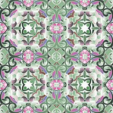 Çiçekli desensiz desen. Eski model arka plan. Etnik tarzda desenli çiçekler, yapraklar, şekiller. Renkli süslemeleri tekrar et. Duvar kağıdı, baskı, kumaş için dekoratif dekoratif tasarım.