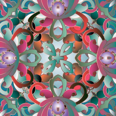 Çiçekli desensiz desen. Eski model arka plan. Etnik tarzda desenli çiçekler, yapraklar, şekiller. Renkli süslemeleri tekrar et. Duvar kağıdı, baskı, kumaş için dekoratif dekoratif tasarım.